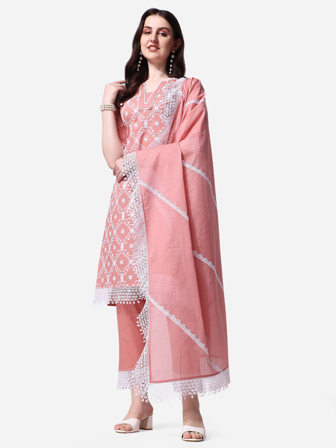 Lucknawi Embroidered Kurta With Pant & Dupatta Set, Multicolor - Hiral Fashion - Distacart