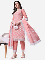 Lucknawi Embroidered Kurta With Pant & Dupatta Set, Multicolor - Hiral Fashion - Distacart