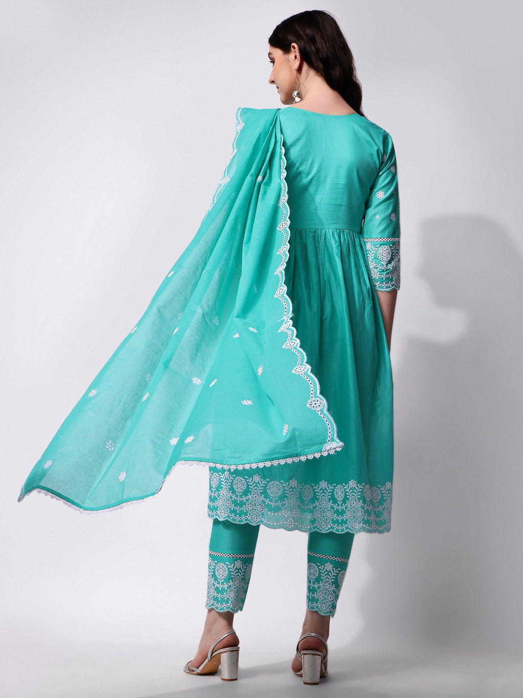 Nayra Cut Chikankari Embroidered Kurta With Pant And Dupatta Set, Multicolor - Hiral Fashion