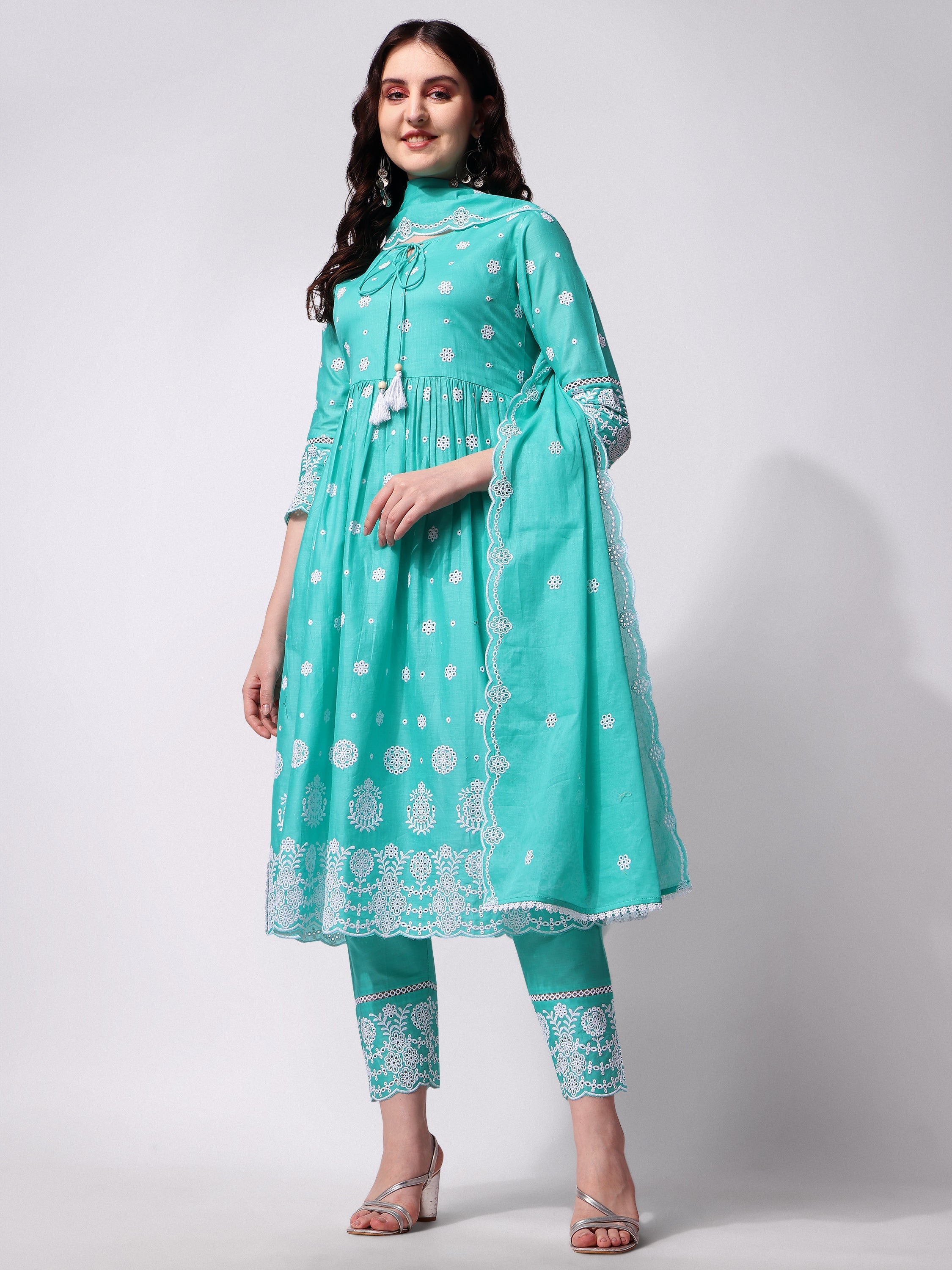 Nayra Cut Chikankari Embroidered Kurta With Pant And Dupatta Set, Multicolor - Hiral Fashion