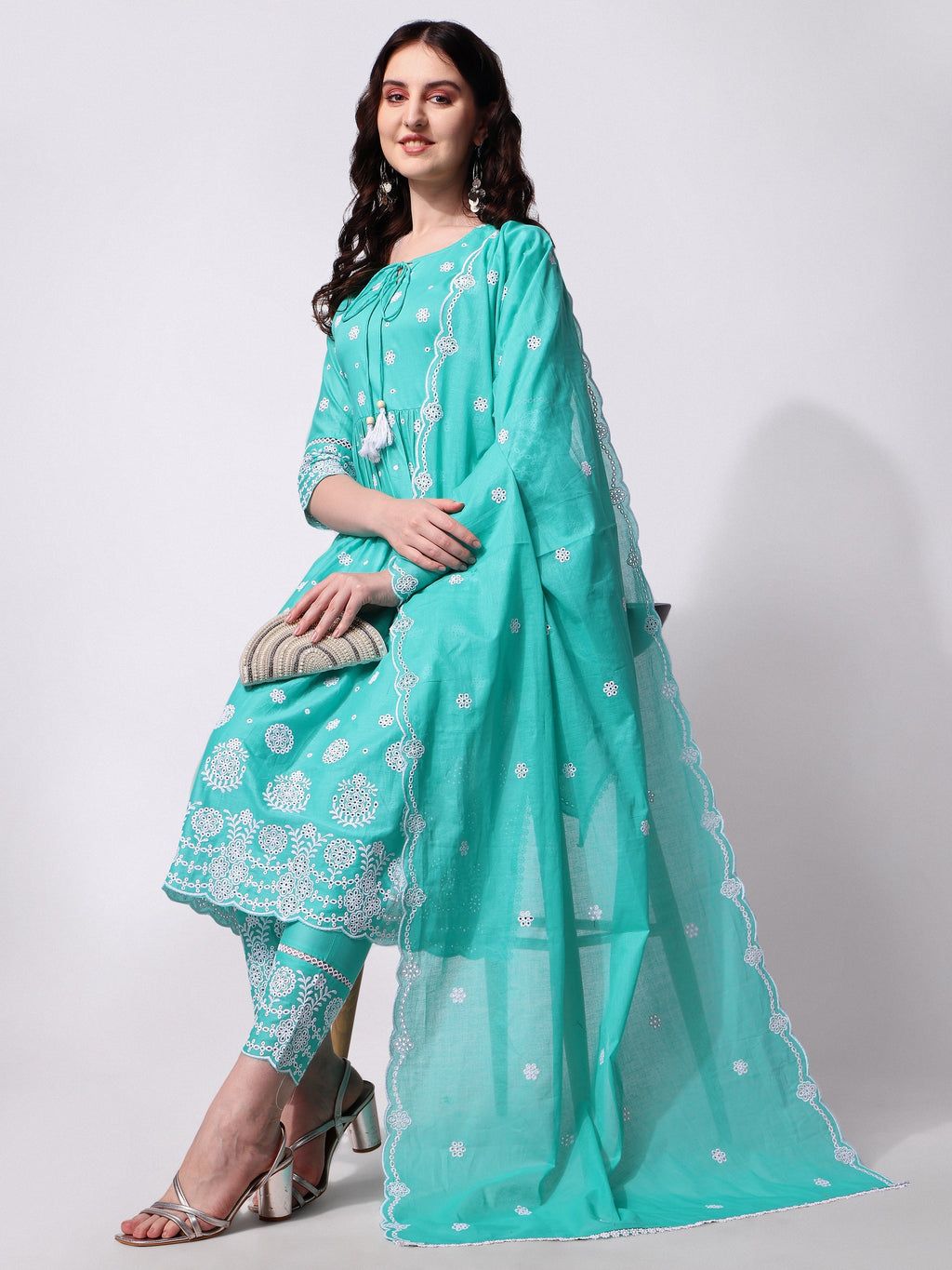 Nayra Cut Chikankari Embroidered Kurta With Pant And Dupatta Set, Multicolor - Hiral Fashion
