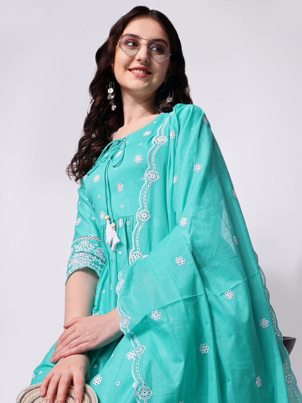 Nayra Cut Chikankari Embroidered Kurta With Pant And Dupatta Set, Multicolor - Hiral Fashion
