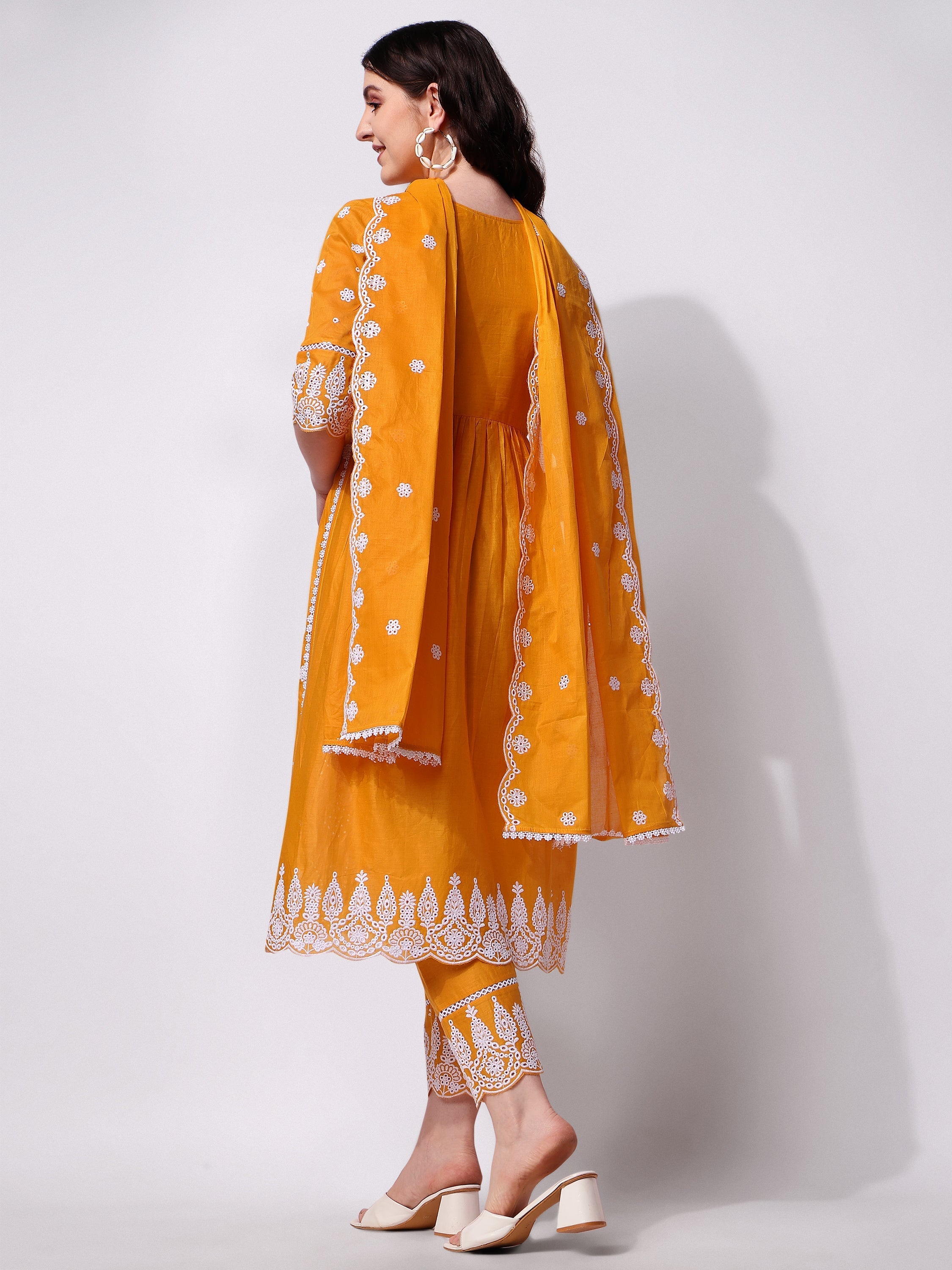 Nayra Cut Chikankari Embroidered Kurta With Pant And Dupatta Set, Multicolor - Hiral Fashion