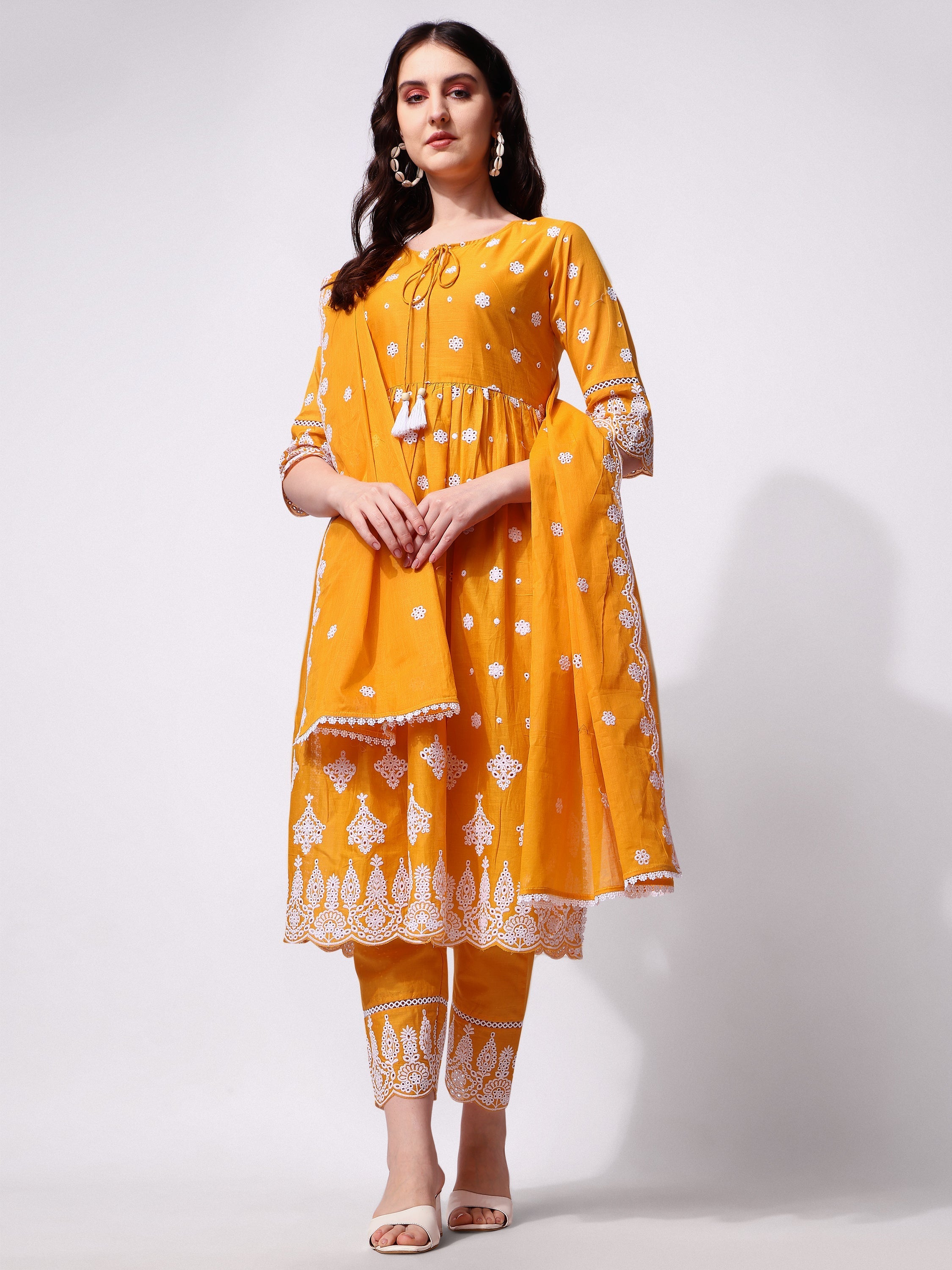 Nayra Cut Chikankari Embroidered Kurta With Pant And Dupatta Set, Multicolor - Hiral Fashion