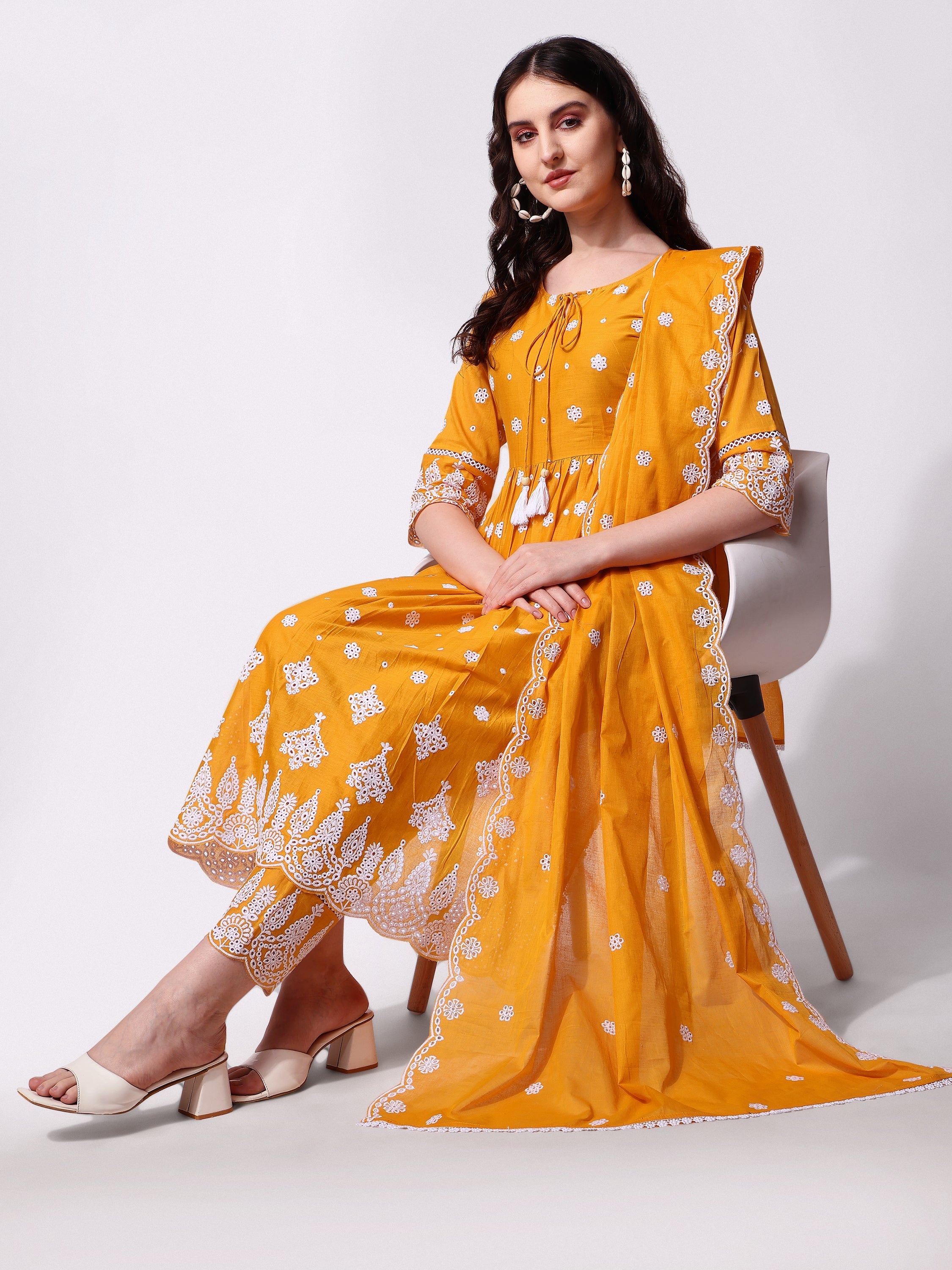 Nayra Cut Chikankari Embroidered Kurta With Pant And Dupatta Set, Multicolor - Hiral Fashion