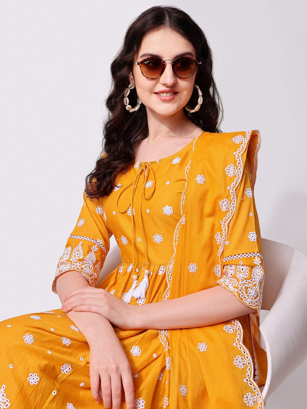 Nayra Cut Chikankari Embroidered Kurta With Pant And Dupatta Set, Multicolor - Hiral Fashion