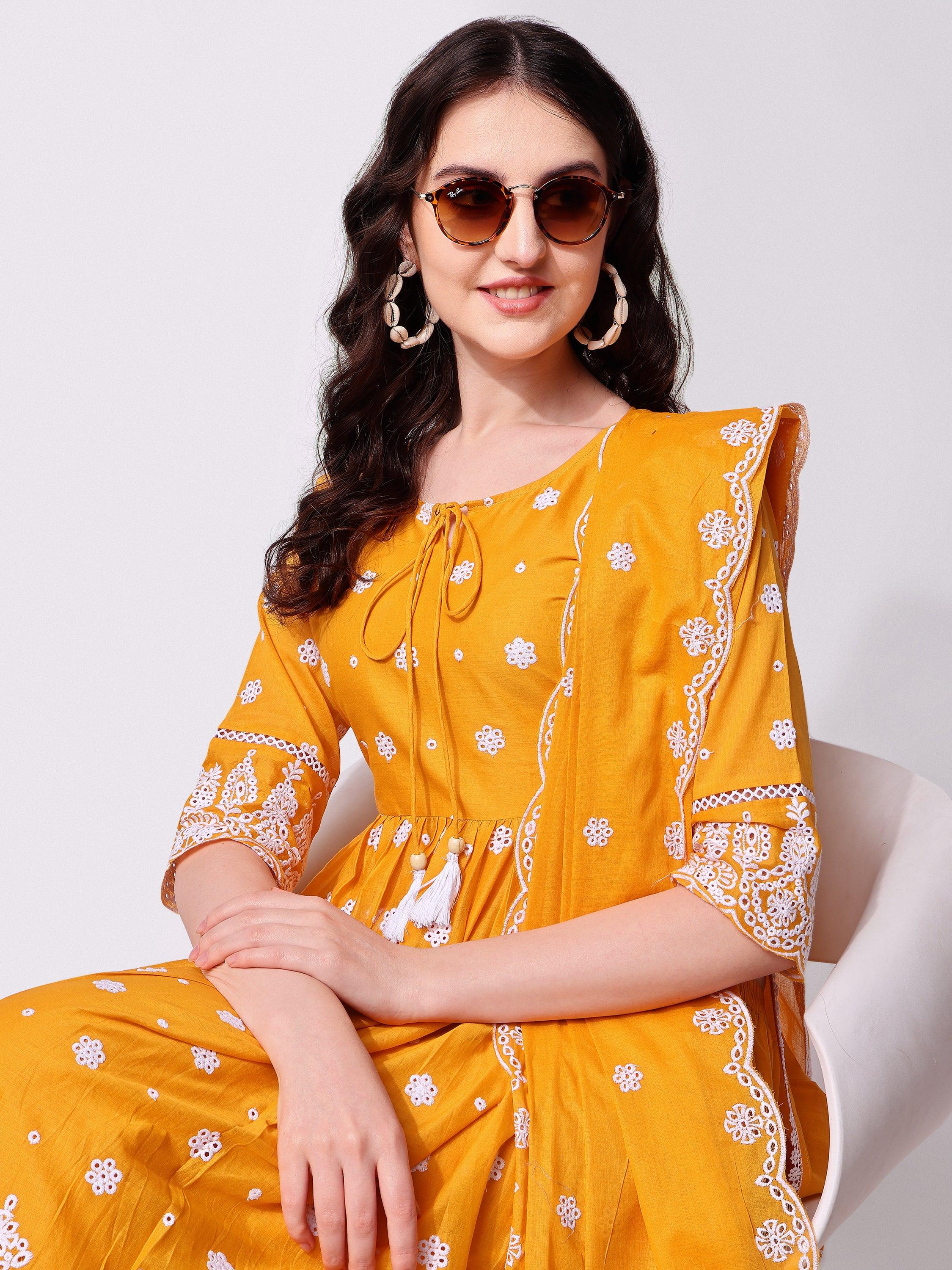Nayra Cut Chikankari Embroidered Kurta With Pant And Dupatta Set, Multicolor - Hiral Fashion