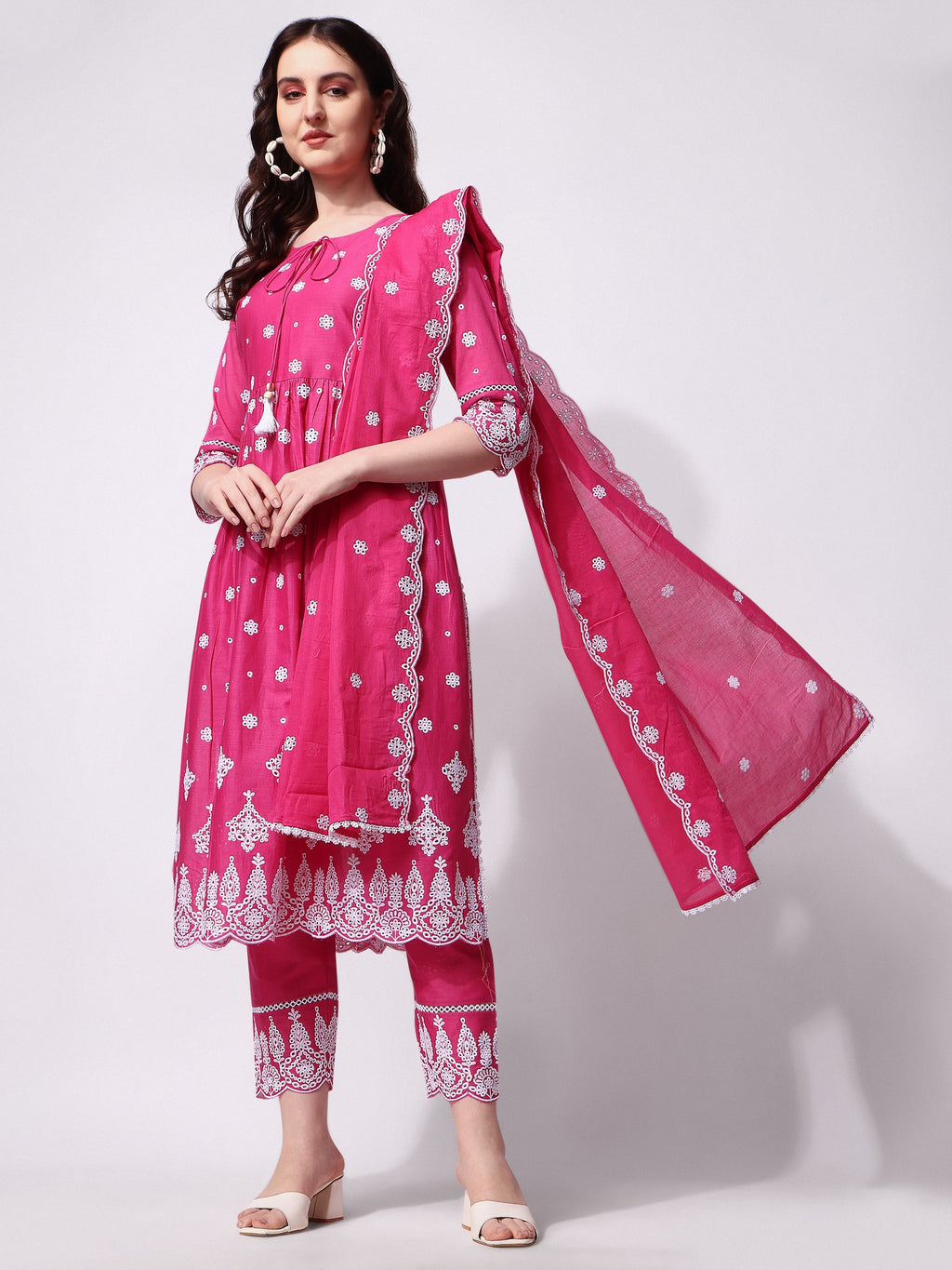 Nayra Cut Chikankari Embroidered Kurta With Pant And Dupatta Set, Multicolor - Hiral Fashion - Distacart