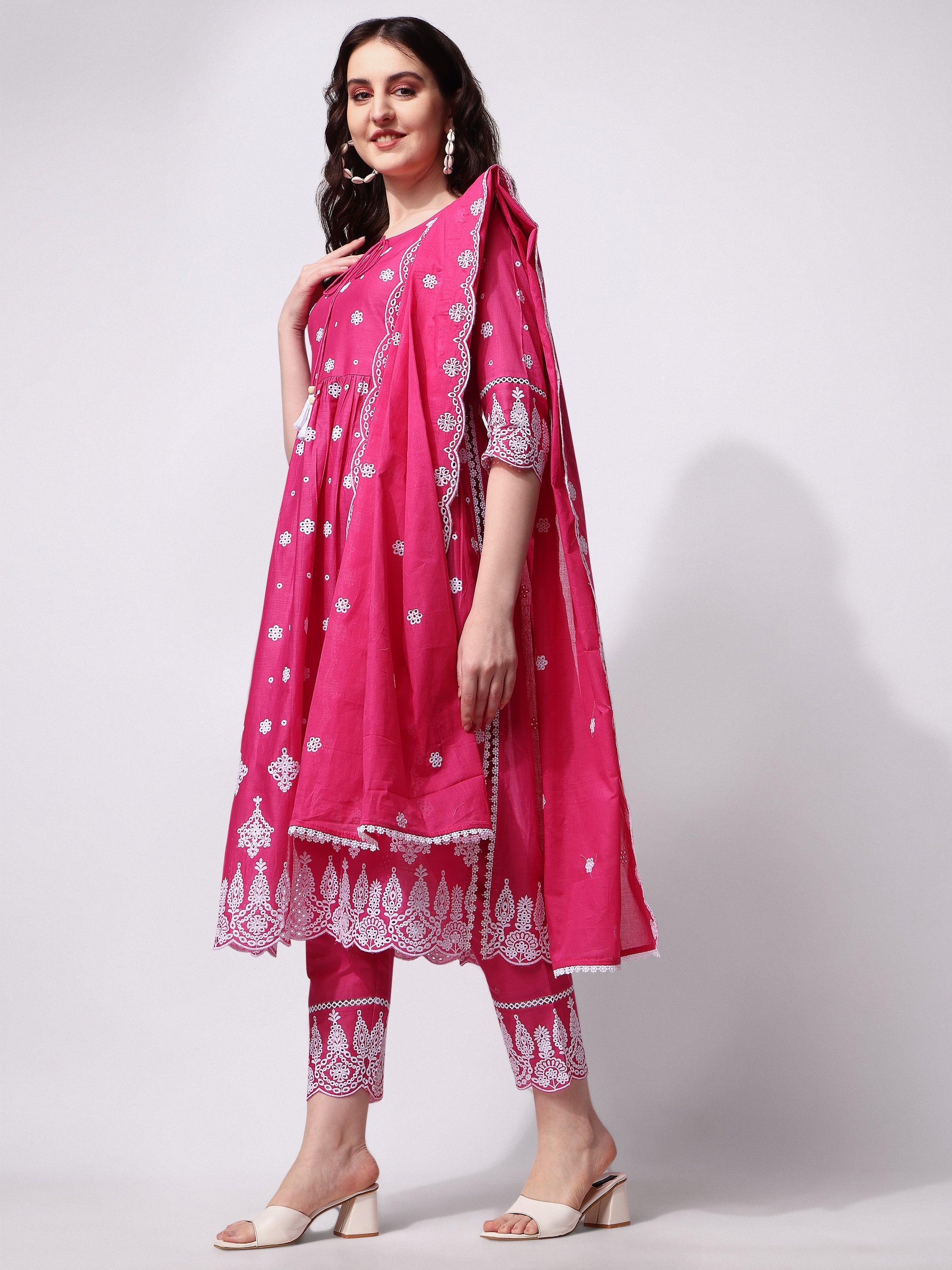 Nayra Cut Chikankari Embroidered Kurta With Pant And Dupatta Set, Multicolor - Hiral Fashion - Distacart