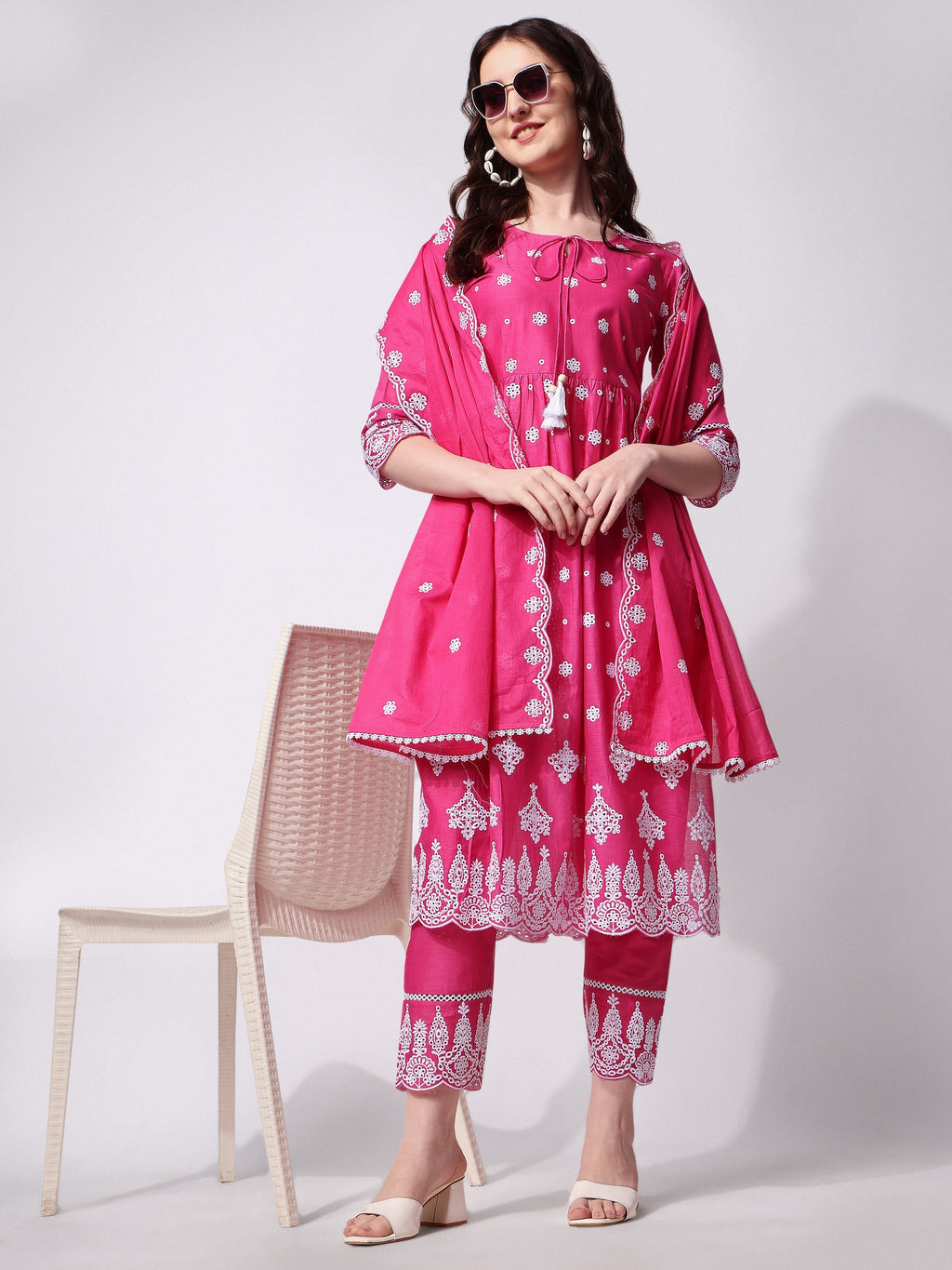 Nayra Cut Chikankari Embroidered Kurta With Pant And Dupatta Set, Multicolor - Hiral Fashion - Distacart
