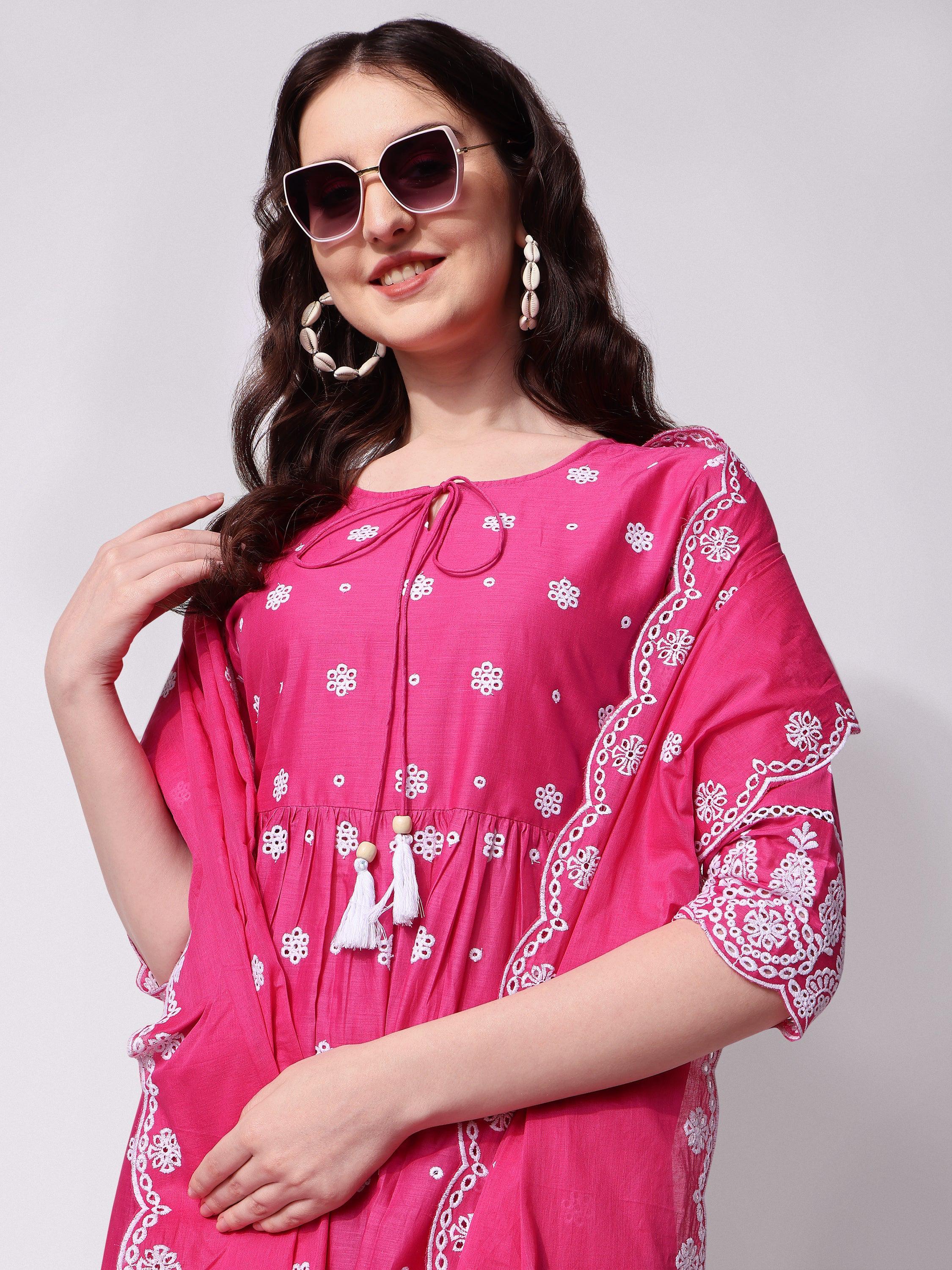 Nayra Cut Chikankari Embroidered Kurta With Pant And Dupatta Set, Multicolor - Hiral Fashion - Distacart