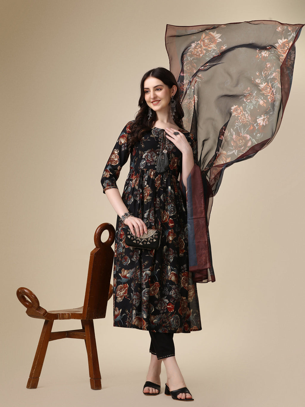 Nayra Cut Printed Kurta With Pant And Dupatta Set, Multicolor - Hiral Fashion - Distacart