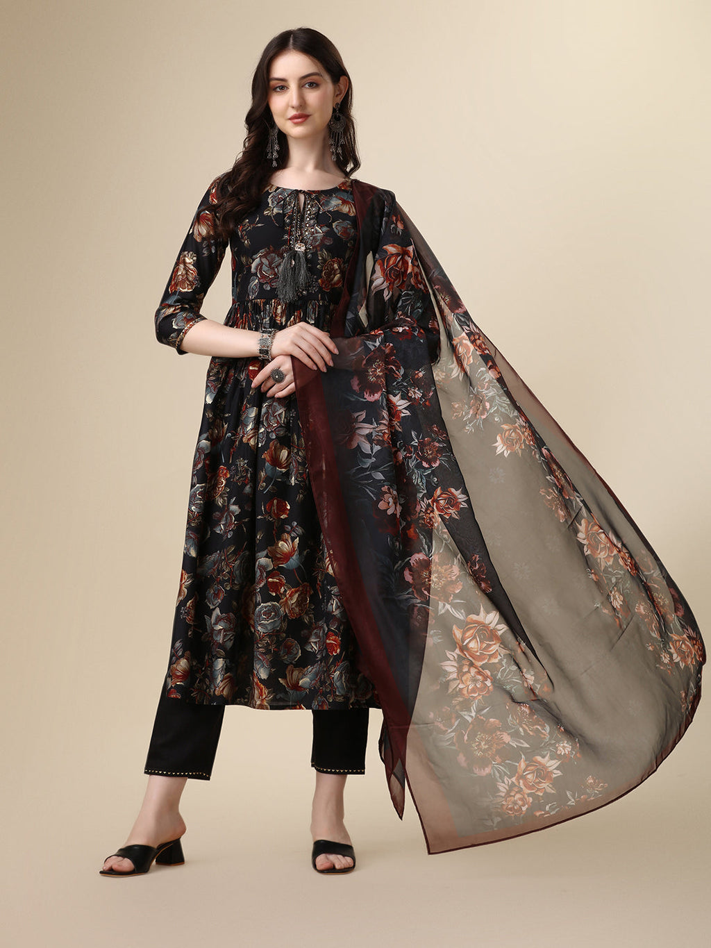Nayra Cut Printed Kurta With Pant And Dupatta Set, Multicolor - Hiral Fashion - Distacart