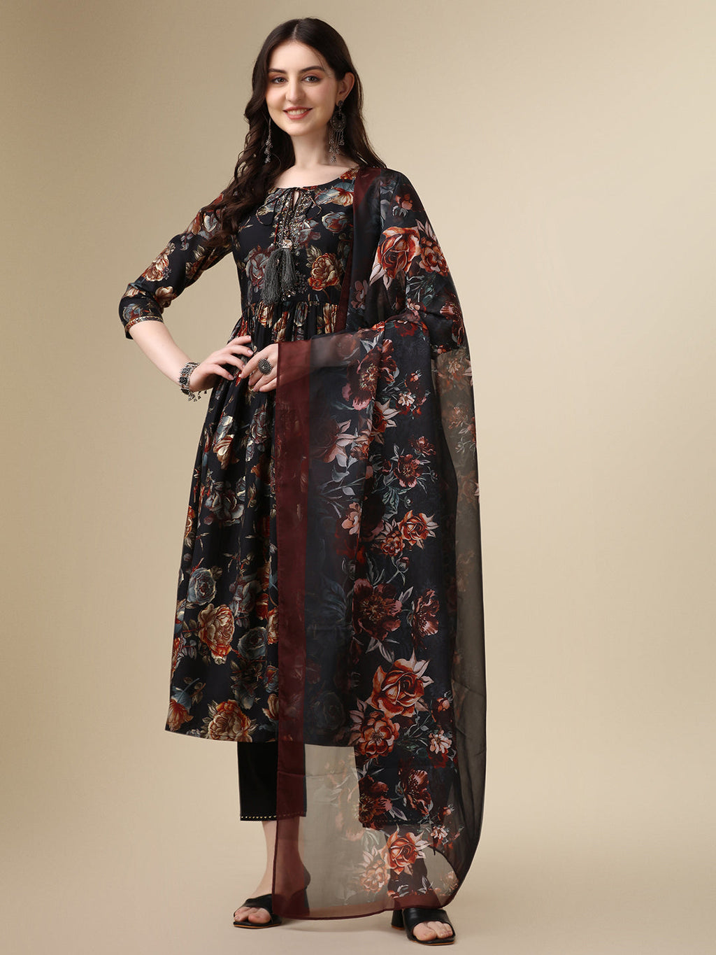 Nayra Cut Printed Kurta With Pant And Dupatta Set, Multicolor - Hiral Fashion - Distacart