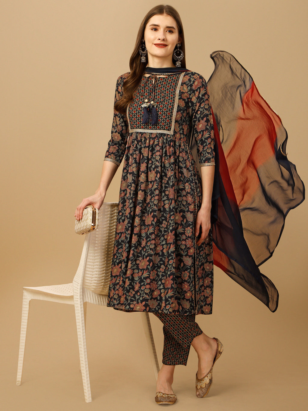 Nayra Cut Embroidered Kurta With Pant And Dupatta Set, Multicolor - Hiral Fashion - Distacart