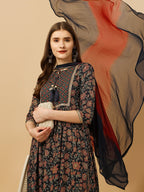 Nayra Cut Embroidered Kurta With Pant And Dupatta Set, Multicolor - Hiral Fashion - Distacart