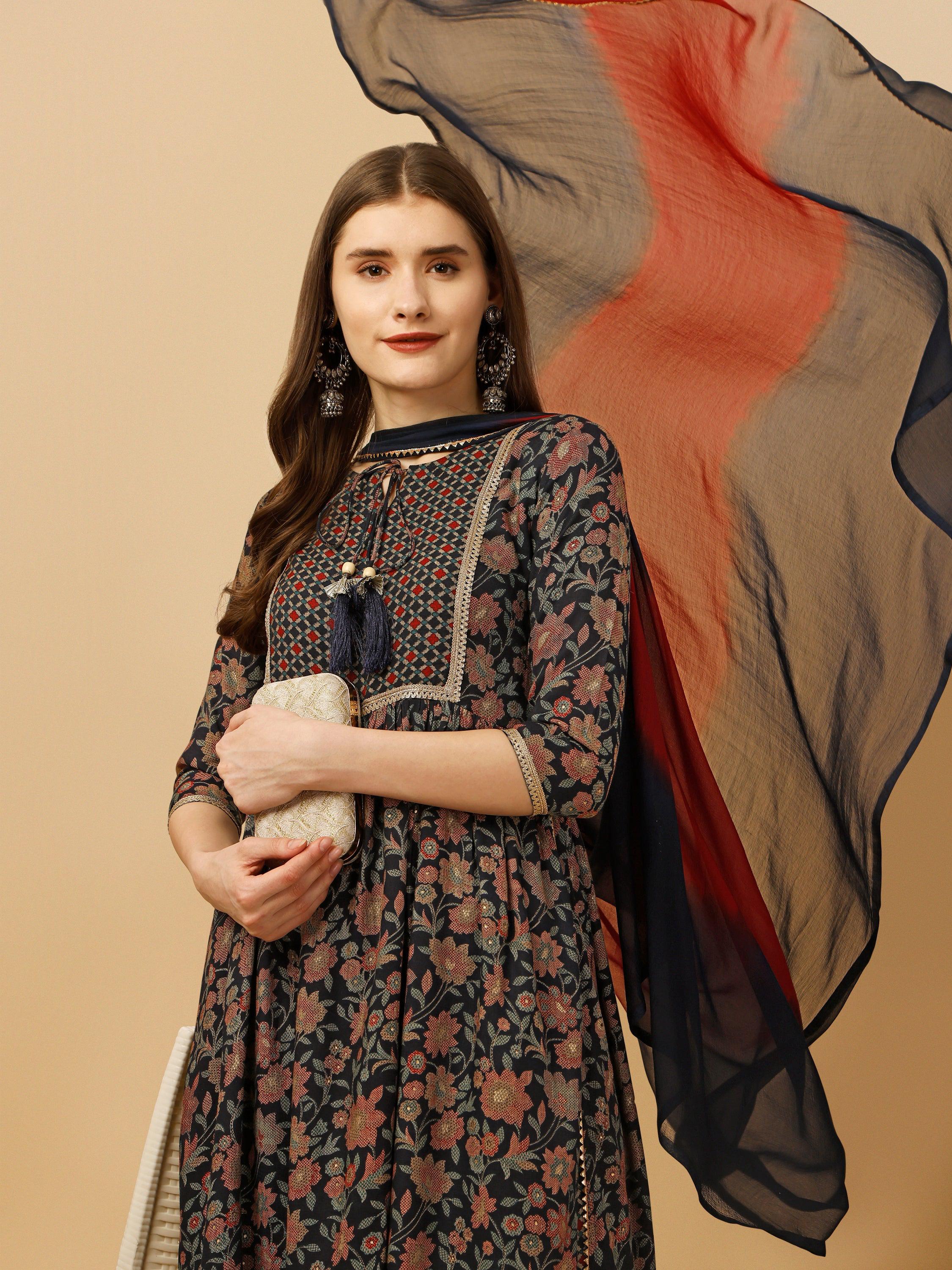 Nayra Cut Embroidered Kurta With Pant And Dupatta Set, Multicolor - Hiral Fashion - Distacart
