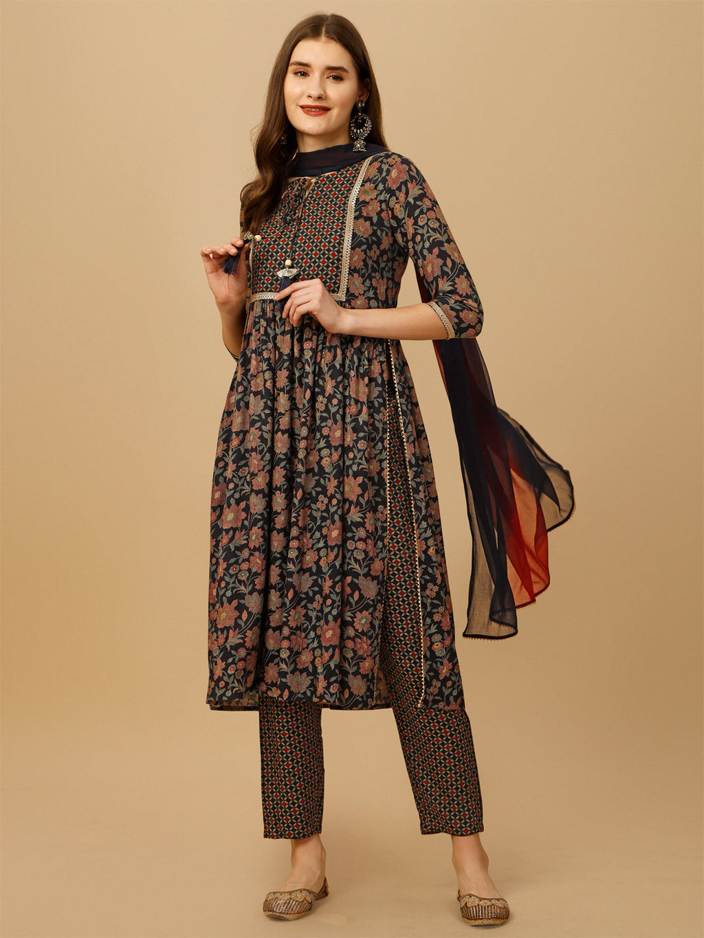 Nayra Cut Embroidered Kurta With Pant And Dupatta Set, Multicolor - Hiral Fashion - Distacart