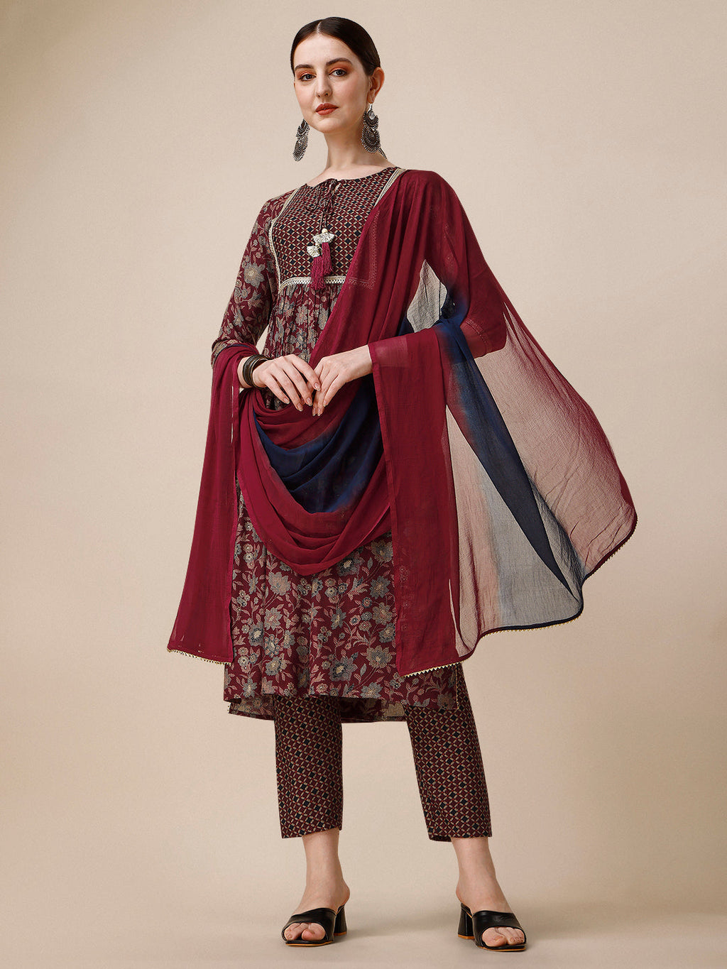 Embroidered Kurta With Pant And Dupatta Set, Multicolor - Hiral Fashion - Distacart