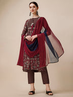 Embroidered Kurta With Pant And Dupatta Set, Multicolor - Hiral Fashion - Distacart
