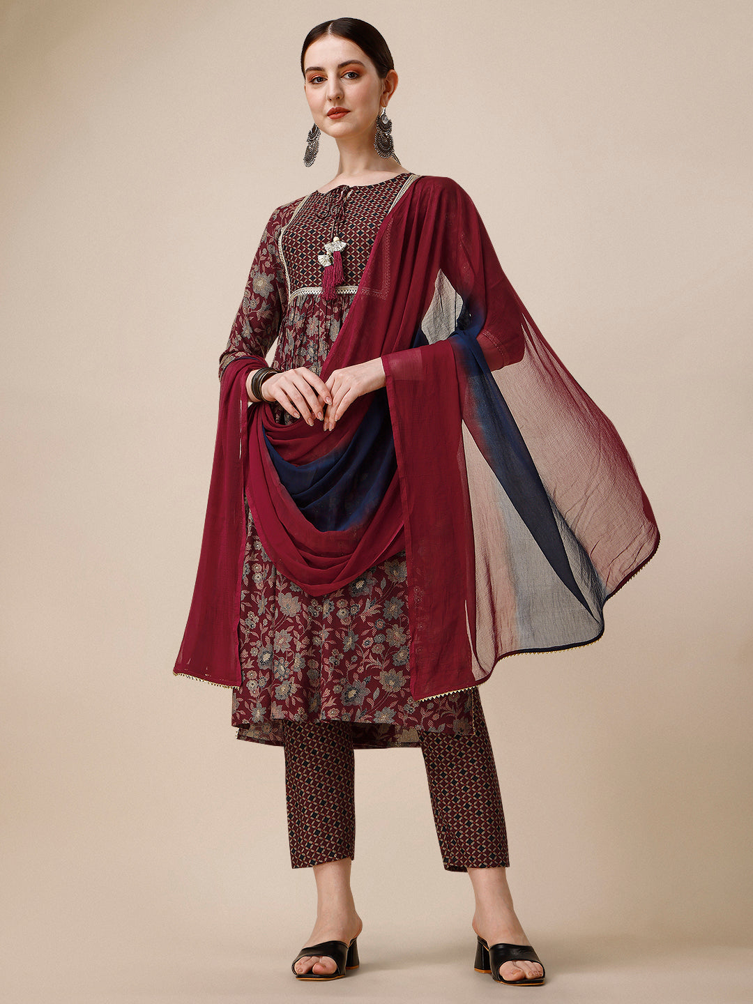 Embroidered Kurta With Pant And Dupatta Set, Multicolor - Hiral Fashion - Distacart
