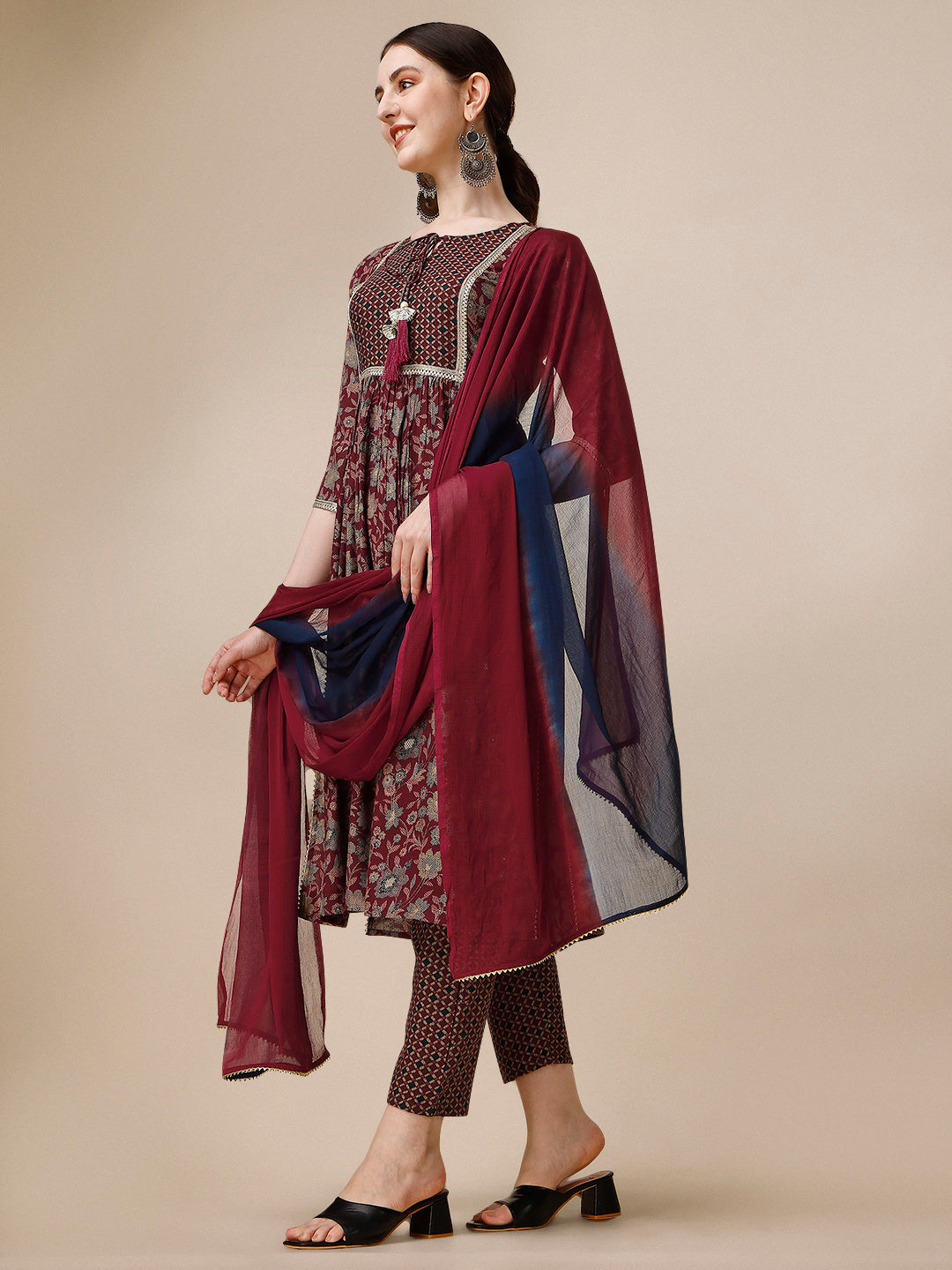 Embroidered Kurta With Pant And Dupatta Set, Multicolor - Hiral Fashion - Distacart