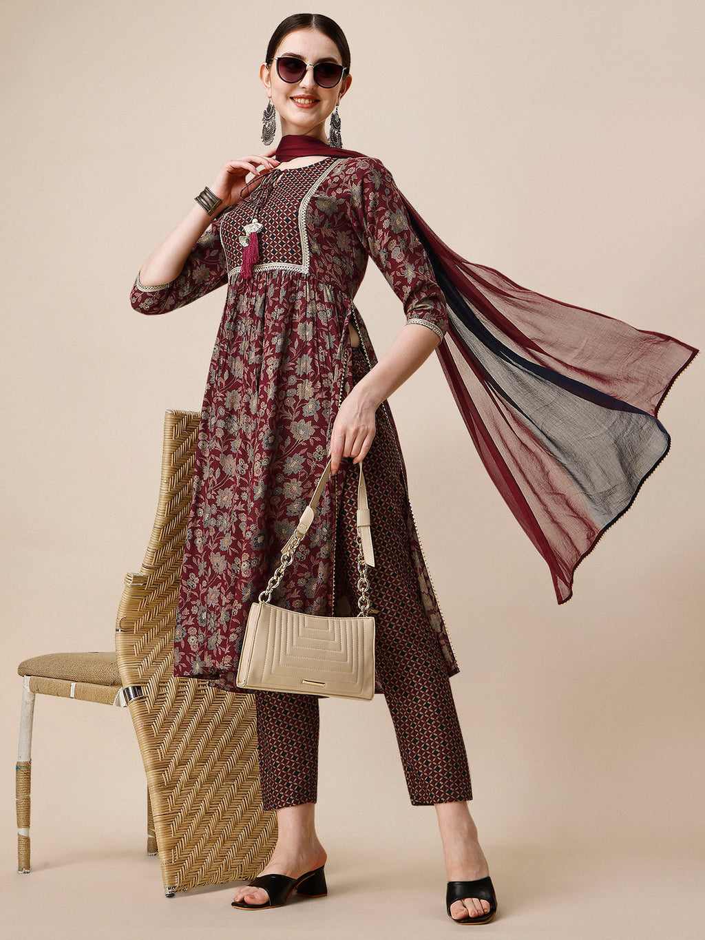 Embroidered Kurta With Pant And Dupatta Set, Multicolor - Hiral Fashion - Distacart
