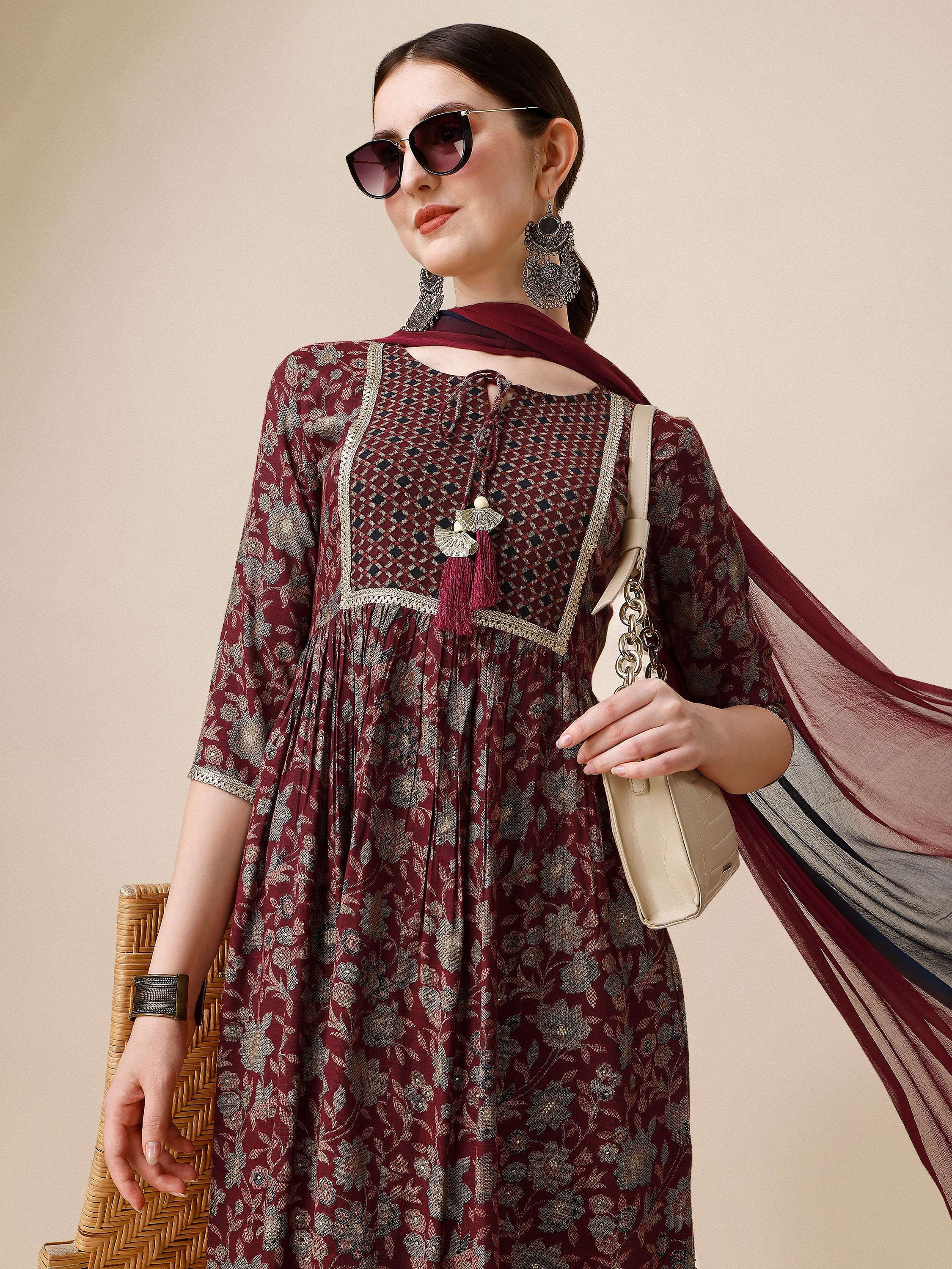 Embroidered Kurta With Pant And Dupatta Set, Multicolor - Hiral Fashion - Distacart