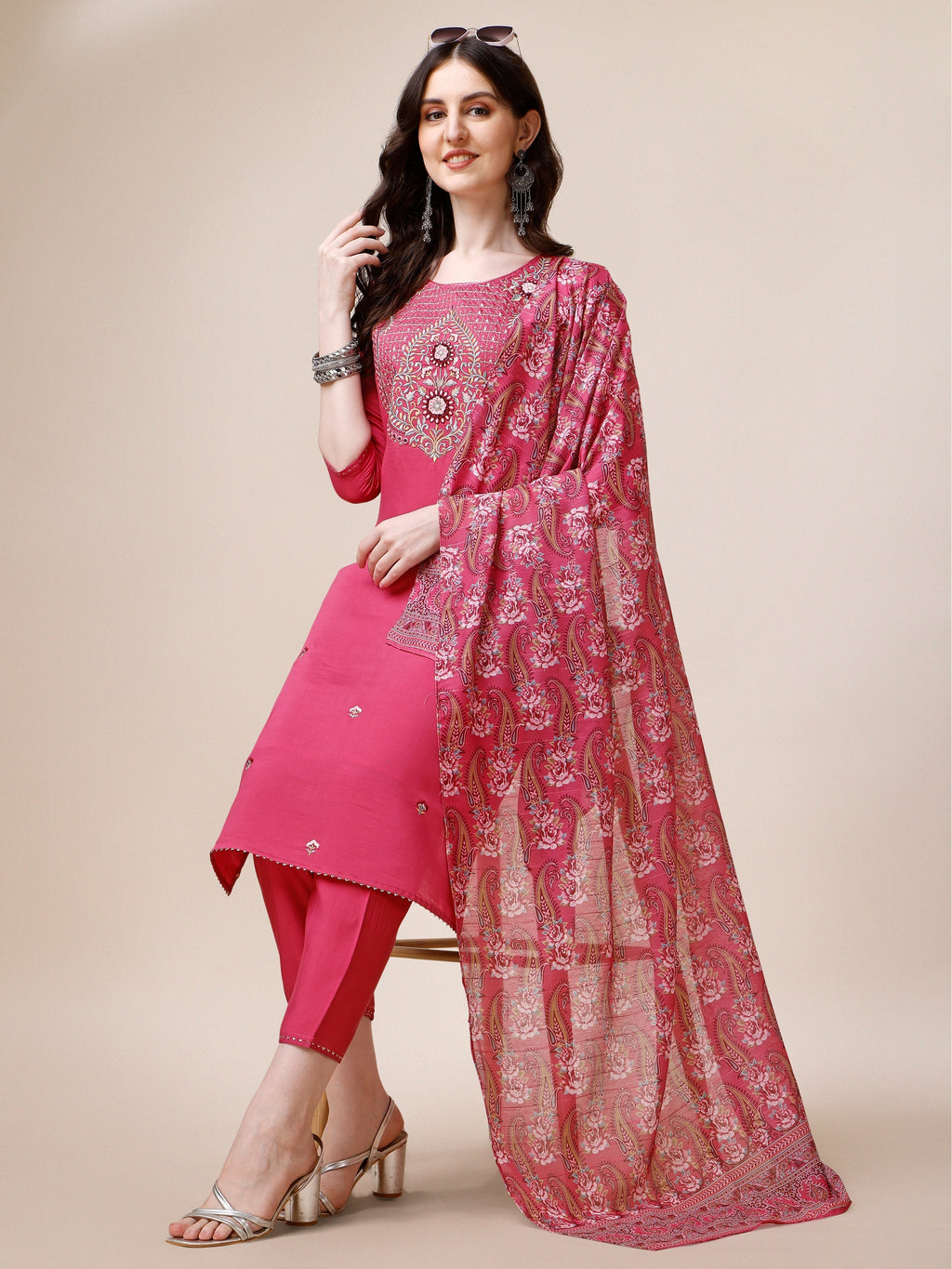 Embroidered Kurta With Pant And Dupatta Set, Multicolor - Hiral Fashion - Distacart