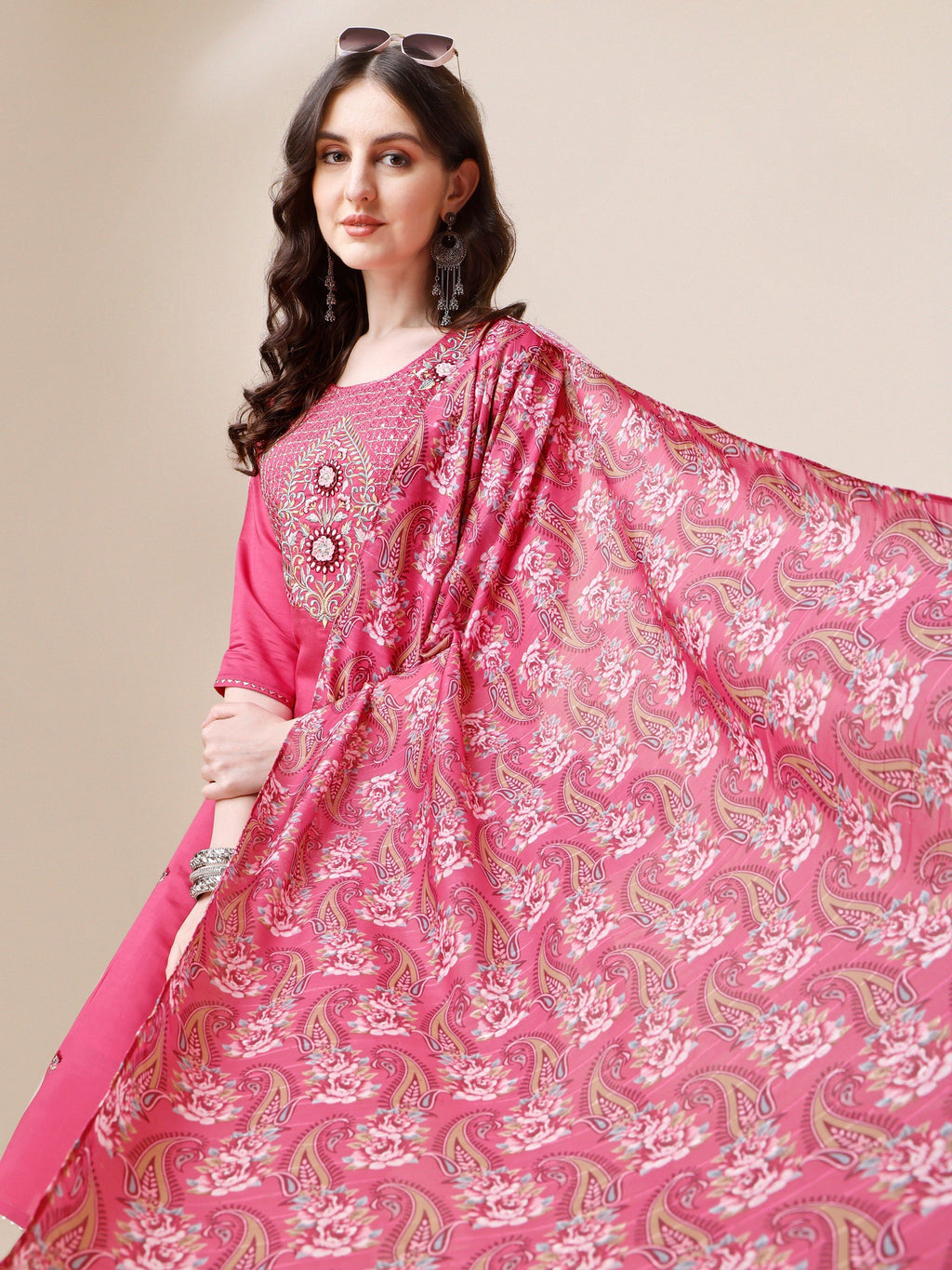 Embroidered Kurta With Pant And Dupatta Set, Multicolor - Hiral Fashion - Distacart
