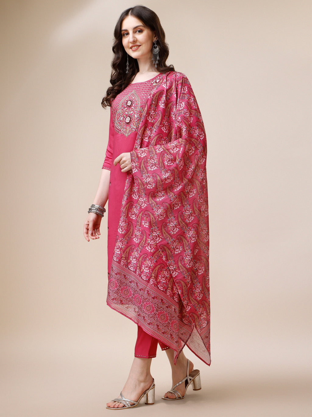 Embroidered Kurta With Pant And Dupatta Set, Multicolor - Hiral Fashion - Distacart