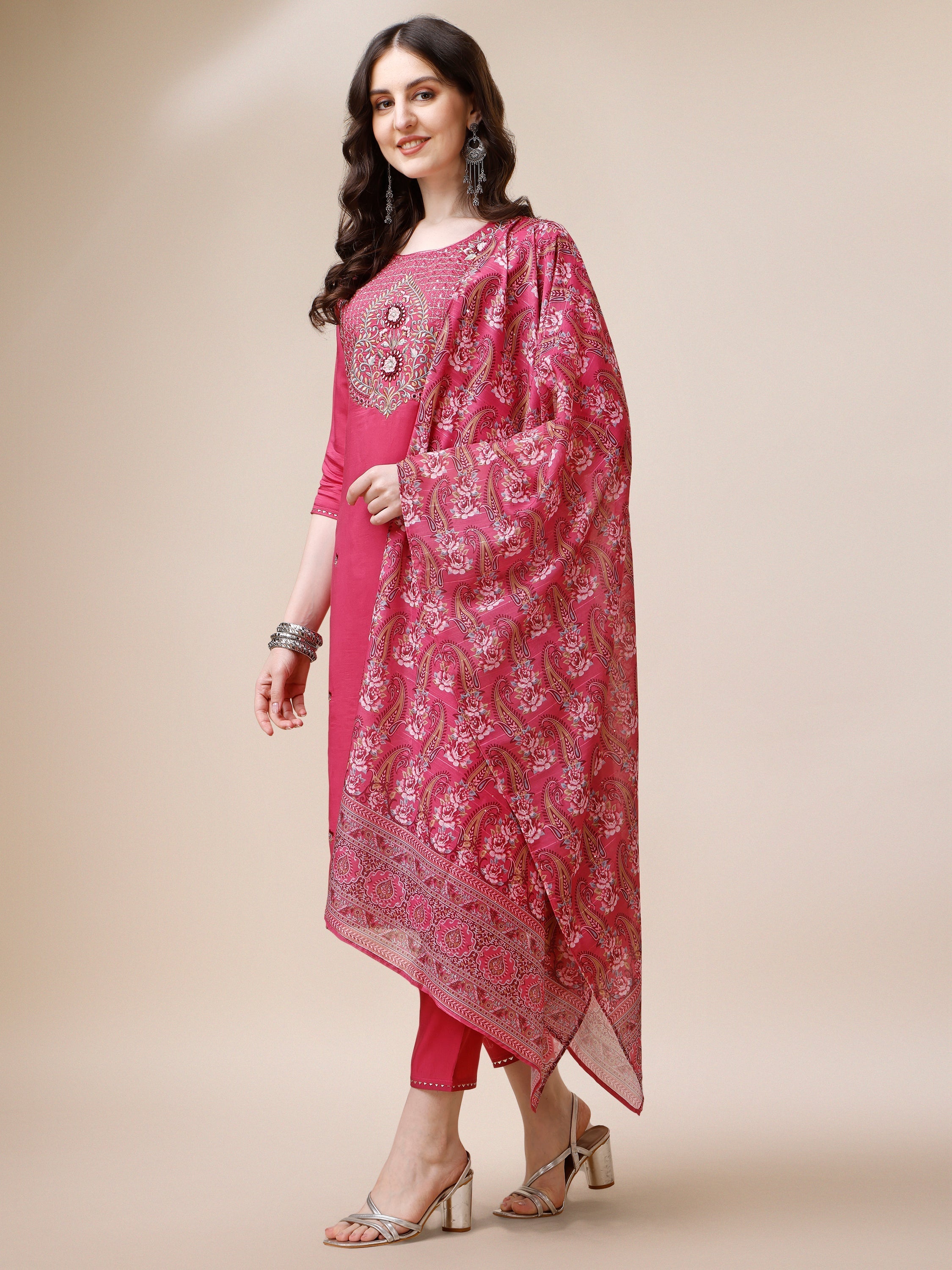 Embroidered Kurta With Pant And Dupatta Set, Multicolor - Hiral Fashion - Distacart