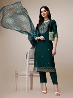 Embroidered Kurta With Organza Printed Dupatta And Pant Set, Multicolor - Hiral Fashion