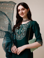 Embroidered Kurta With Organza Printed Dupatta And Pant Set, Multicolor - Hiral Fashion
