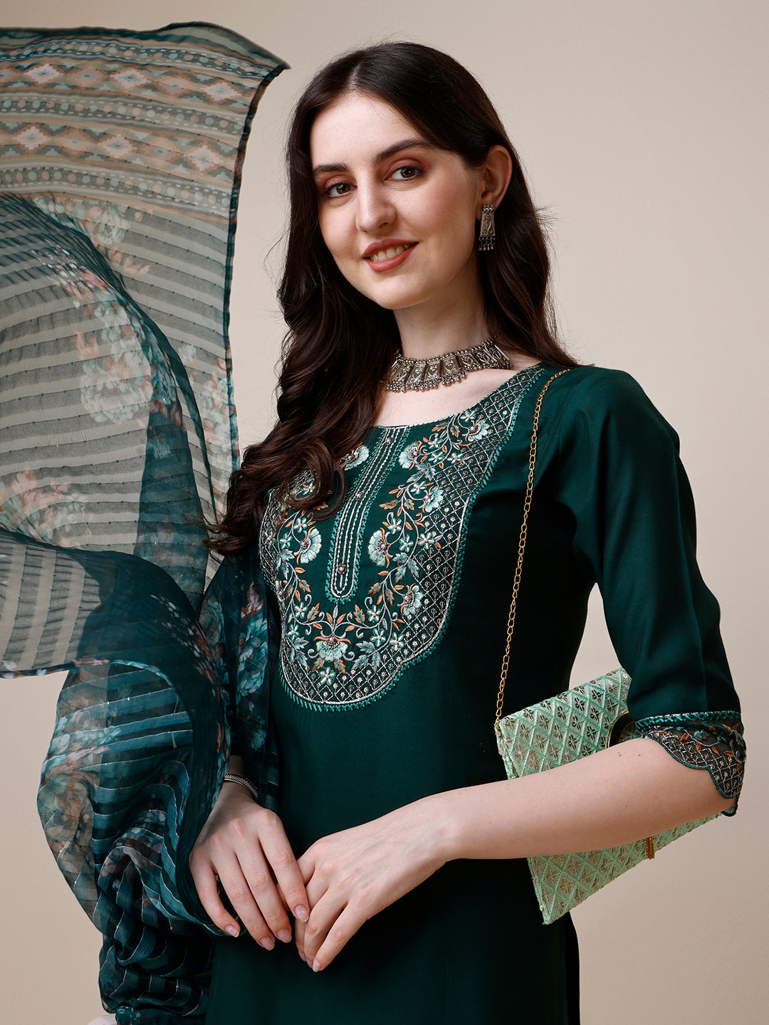 Embroidered Kurta With Organza Printed Dupatta And Pant Set, Multicolor - Hiral Fashion