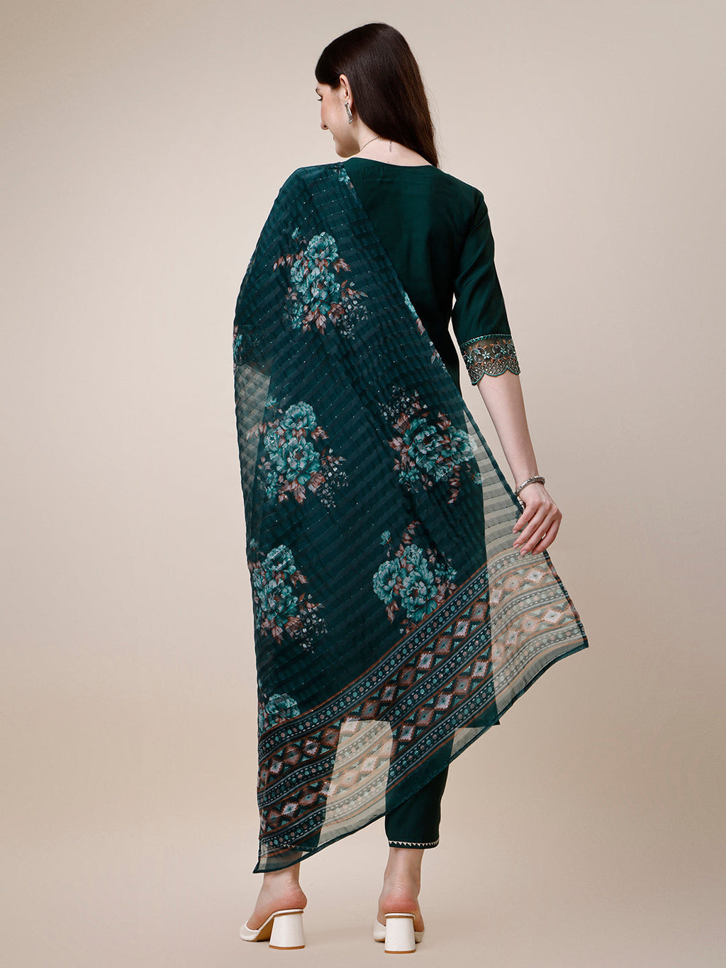 Embroidered Kurta With Organza Printed Dupatta And Pant Set, Multicolor - Hiral Fashion