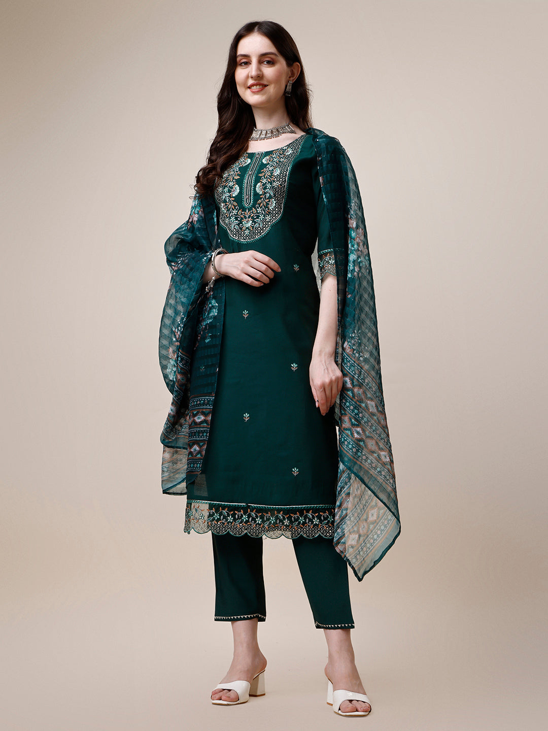 Embroidered Kurta With Organza Printed Dupatta And Pant Set, Multicolor - Hiral Fashion