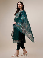 Embroidered Kurta With Organza Printed Dupatta And Pant Set, Multicolor - Hiral Fashion