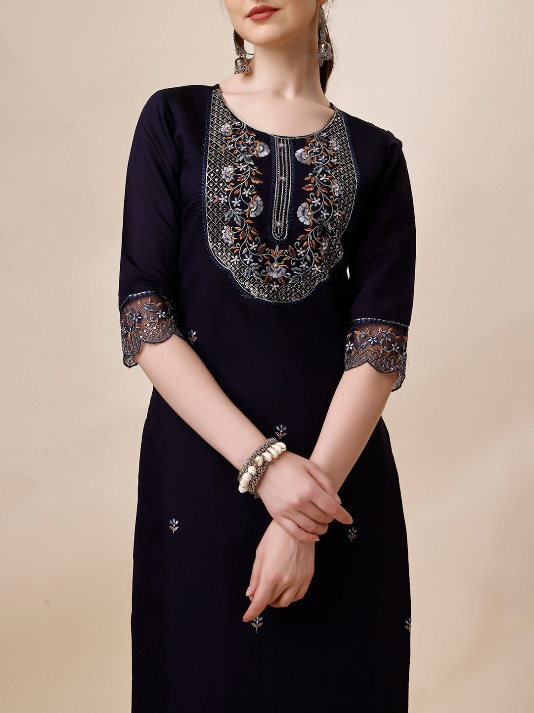 Hand Embroidered Kurta With Pant And Organza Printed Dupatta Set, Multicolor - Hiral Fashion