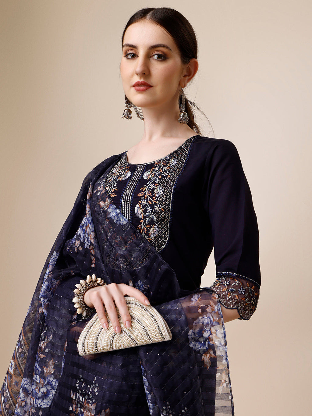 Hand Embroidered Kurta With Pant And Organza Printed Dupatta Set, Multicolor - Hiral Fashion