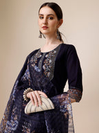 Hand Embroidered Kurta With Pant And Organza Printed Dupatta Set, Multicolor - Hiral Fashion