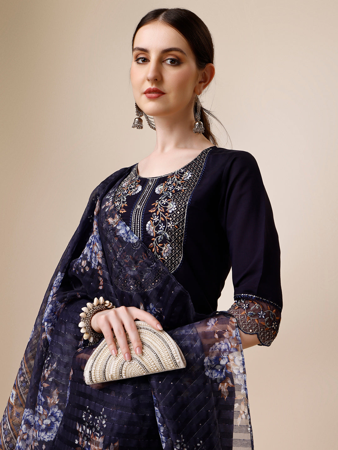 Hand Embroidered Kurta With Pant And Organza Printed Dupatta Set, Multicolor - Hiral Fashion