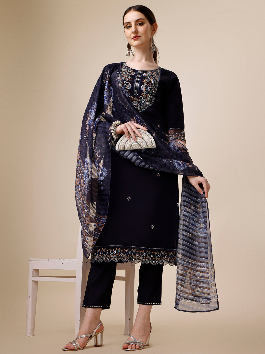 Hand Embroidered Kurta With Pant And Organza Printed Dupatta Set, Multicolor - Hiral Fashion