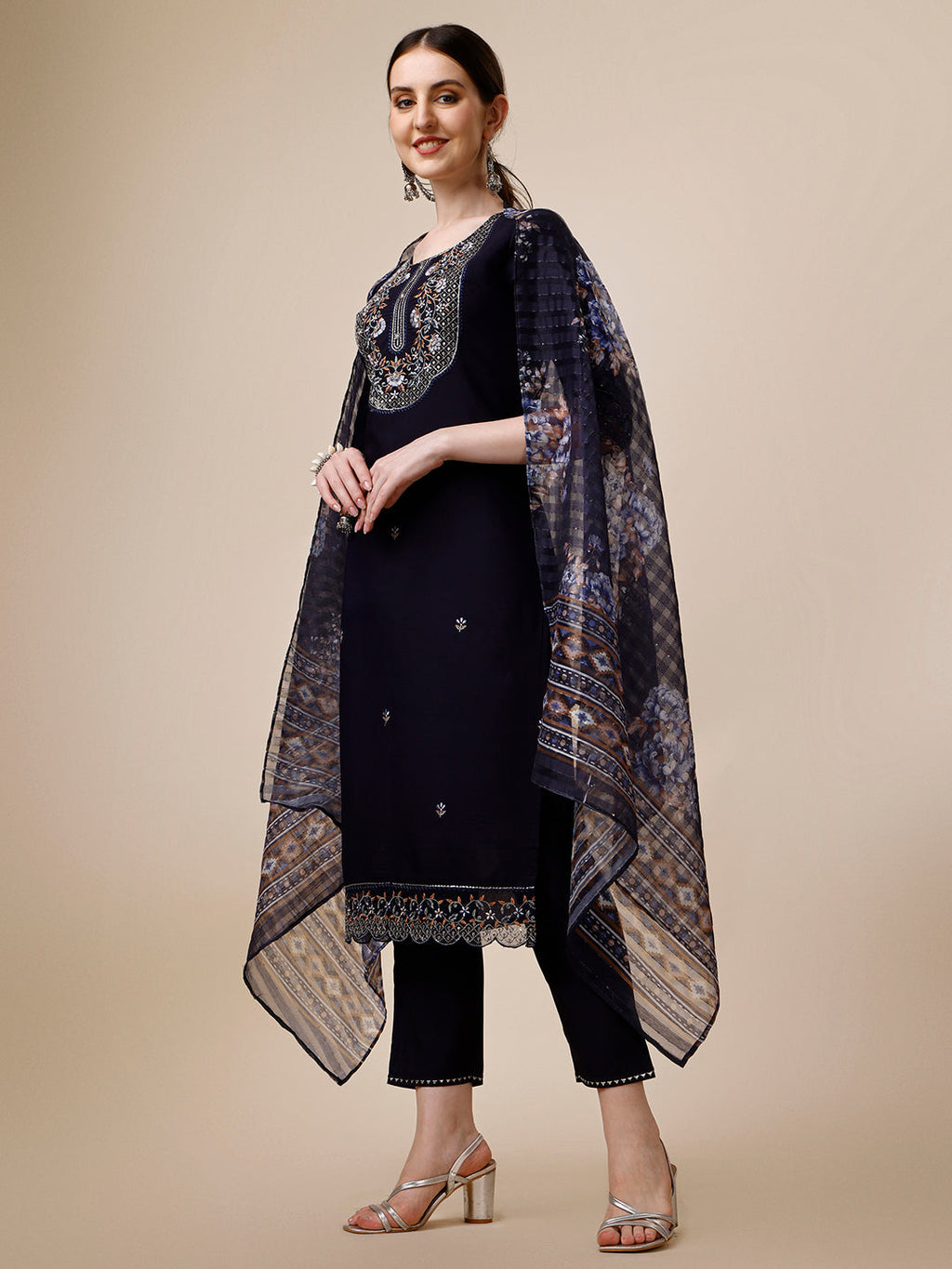 Hand Embroidered Kurta With Pant And Organza Printed Dupatta Set, Multicolor - Hiral Fashion