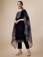 Hand Embroidered Kurta With Pant And Organza Printed Dupatta Set, Multicolor - Hiral Fashion