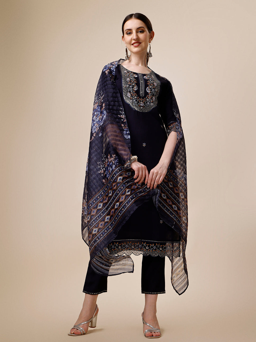 Hand Embroidered Kurta With Pant And Organza Printed Dupatta Set, Multicolor - Hiral Fashion