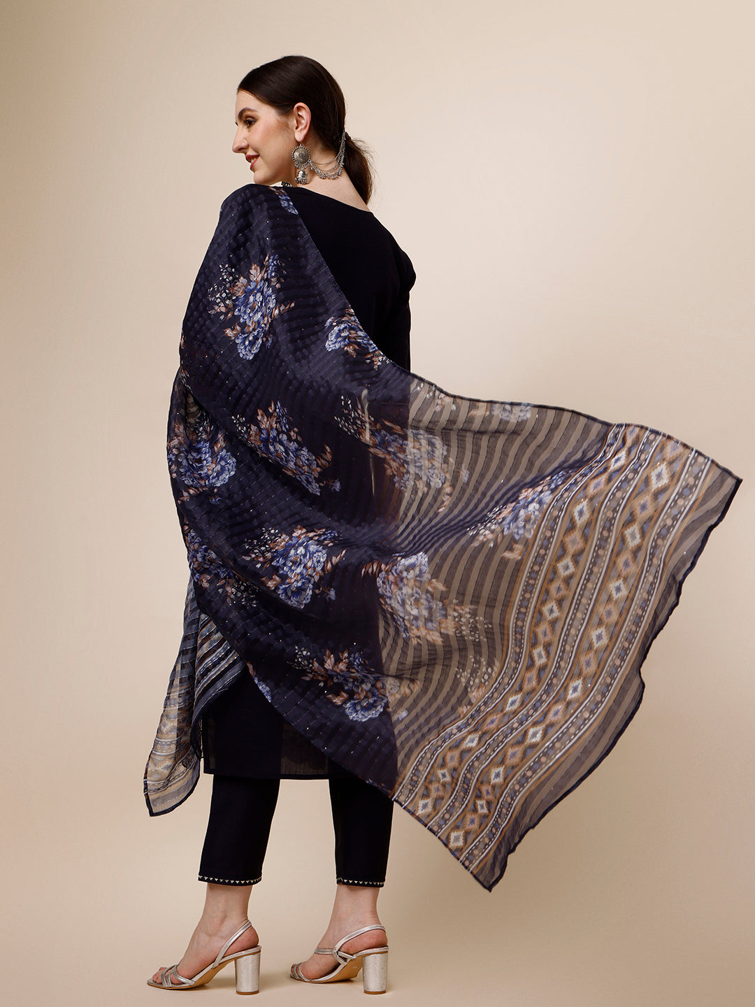Hand Embroidered Kurta With Pant And Organza Printed Dupatta Set, Multicolor - Hiral Fashion