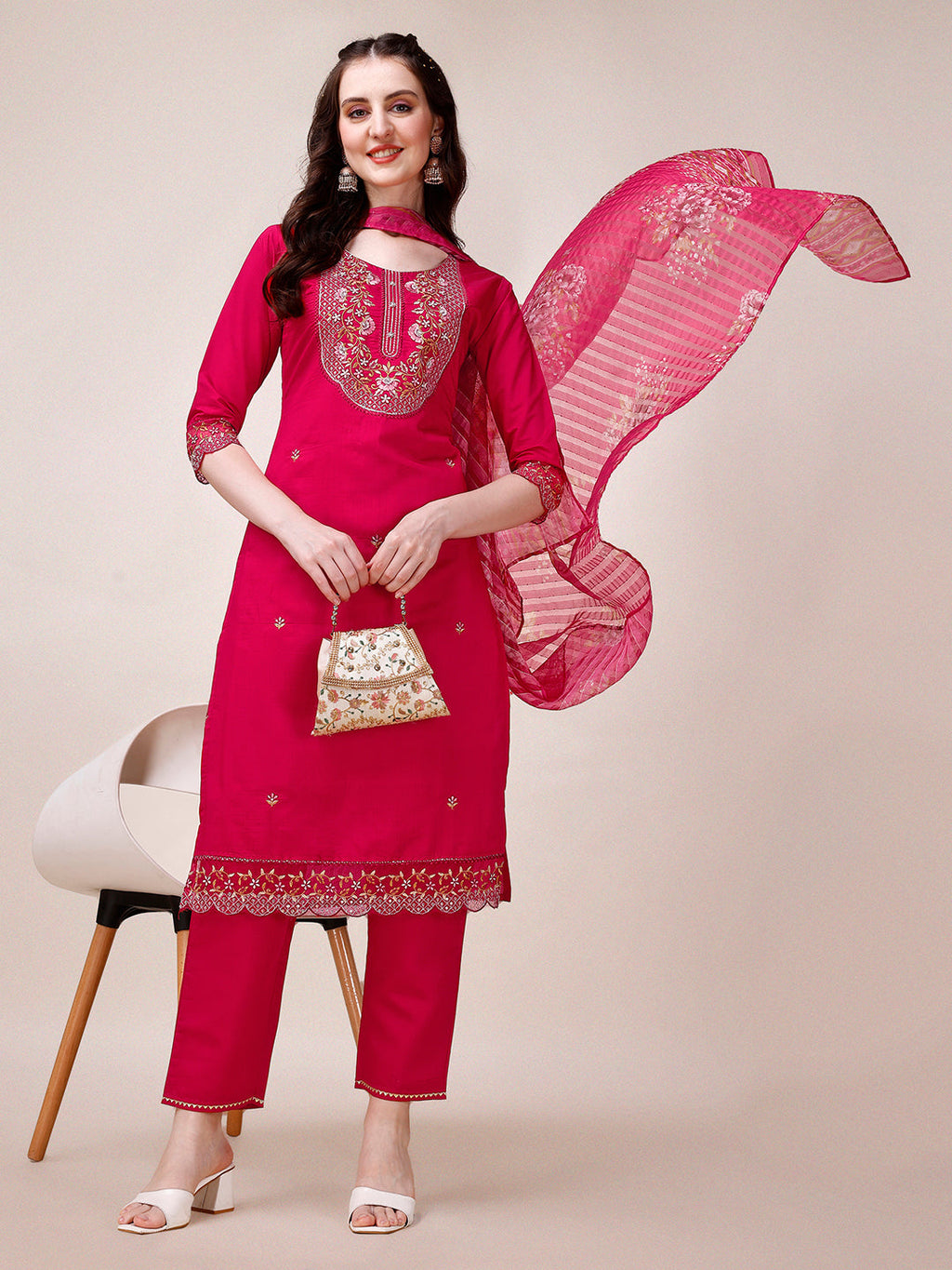 Embroidered Kurta With Pant And Printed Organza Dupatta, Multicolor - Hiral Fashion