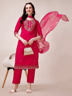 Embroidered Kurta With Pant And Printed Organza Dupatta, Multicolor - Hiral Fashion