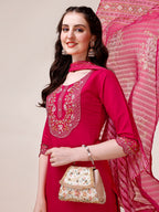 Embroidered Kurta With Pant And Printed Organza Dupatta, Multicolor - Hiral Fashion